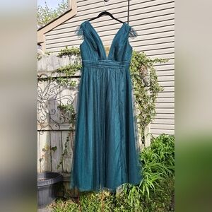 Revelry Forest Green Tulle Bridesmaid Dress Formal Gown Flutter Sleeves 14 Prom